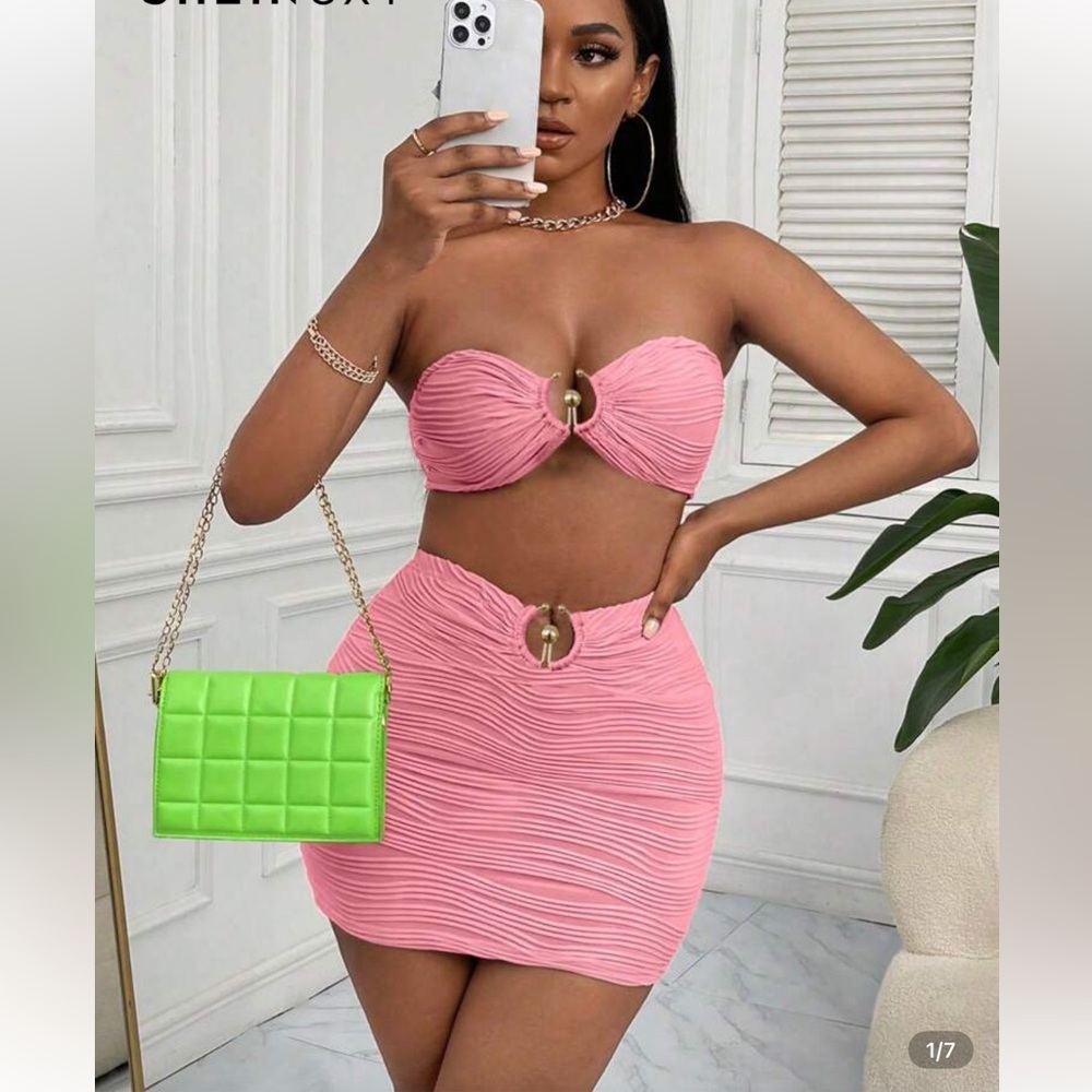 Pink Ruched Skirt Set